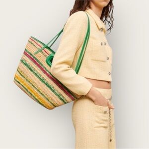 Maje Striped Raffia and Leather Basket Bag. Large Multicolor. #1550 NWT